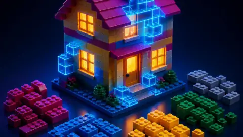 Illustration: a brick house with its missing bricks drawn as glowing outlines, sorted bricks beside it