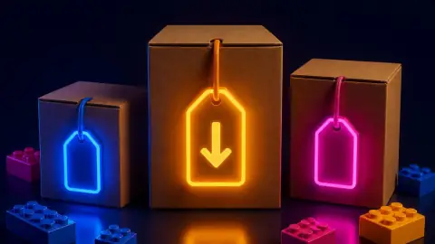 Illustration: three plain boxes with glowing price tags, the middle one marked down