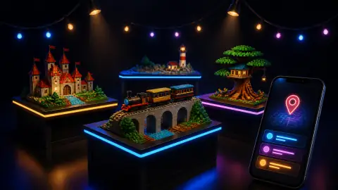 Illustration: brick-built models on exhibition tables under string lights, and a phone with a map pin