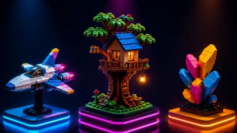 Illustration: three brick-built creations on lit pedestals