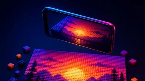 Illustration: a sunset built from tiny studs, with a phone showing the same picture
