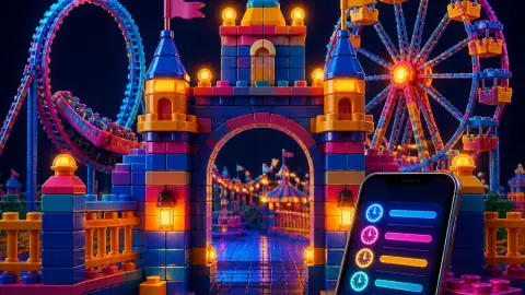 Illustration: a brick-built park gate with a roller coaster and a big wheel, and a phone listing waiting times