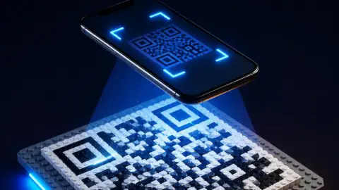 Illustration: a phone scanning a black-and-white QR code tiled on a plate