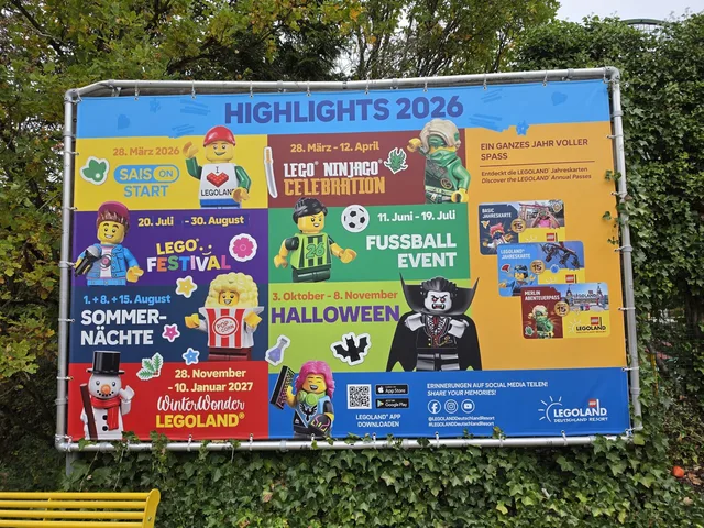 A large banner titled "Highlights 2026" listing the season start, NINJAGO Celebration, football event, LEGO Festival, summer nights, Halloween and WinterWonder LEGOLAND with their dates